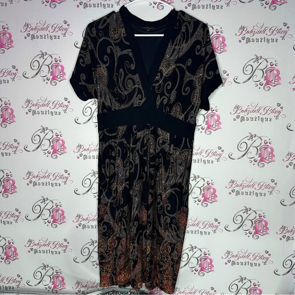 Le chateau dress vneck boho Elegant Black orange red gold Paisley Dress